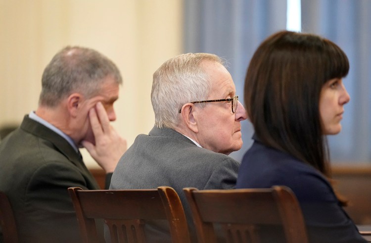 Ronald Paquin, 76, listens as the jury forewoman states the jury’s guilty verdict in York County Superior Court in Alfred on Thursday.