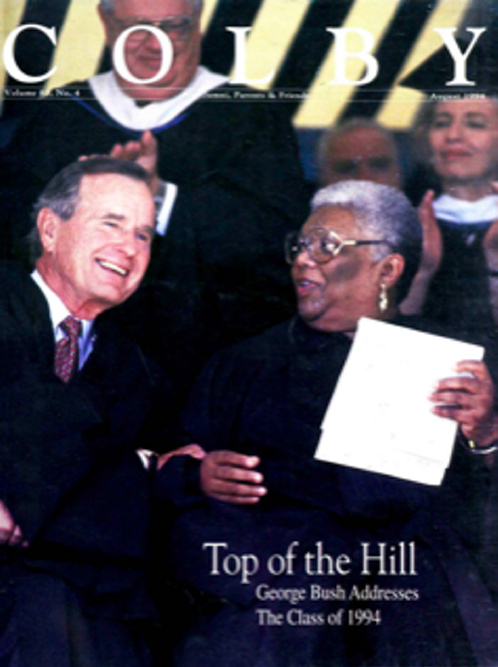 Former President George H.W. Bush appears on the cover of the August 1994 issue of Colby magazine, which contains a report about Bush's commencement address to the Colby College class that graduated that year.