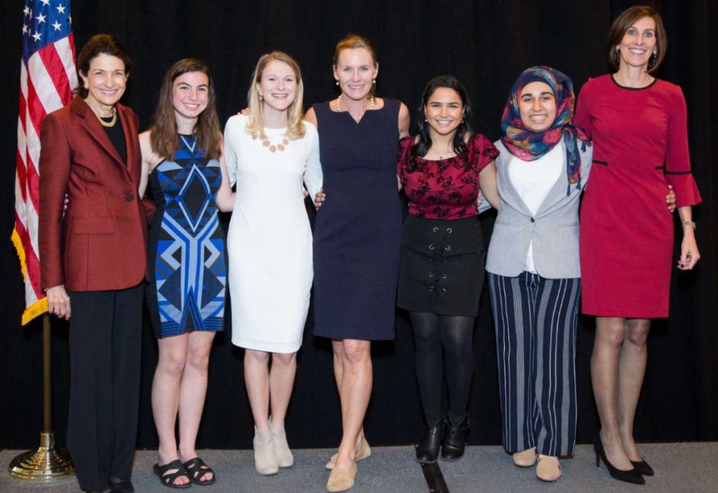 From left, former U.S. Sen. Olympia Snowe, founder of the Olympia Snowe Women's Leadership Institute, gathers recently with students Samantha Myers and Madeline Timberlake; Jenny Thompson, eight-time Olympia gold medalist and event speaker; students Arzoo Hassanzada and Zainab Al Matwari; and Andrea Gordon, Unum senior vice president of core segment at Portland High School.