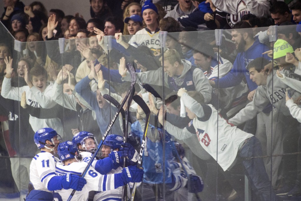 Members of the Colby College hockey team celebrate Michael Morriseey's second-period goal in a 3-3 tie against rival Bowdoin College on Saturday night at Alfond Rink in Waterville,