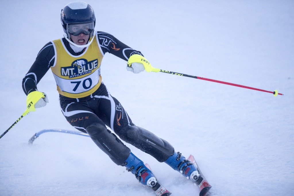 Mt Blue's Sam Smith competes in a slalom race at Titcomb Mountain in Farmington last Jan. 24.