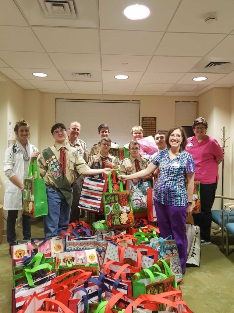 Boy Scout Dalton Curtis recently donated 50 cancer care packages to the oncology department of Redington Fairview General Hospital in Skowhegan. Front from left are Dalton, Conner Files, Michael Connolly and Linda Quirion R.N. Back from left are Elizabeth Teague, Oncology P.A.; Darren Files, Scout Leader; Sebastian Neubauer, Dylan Corson, Anthony Alberico and Paula Schoenthaler, R.N.