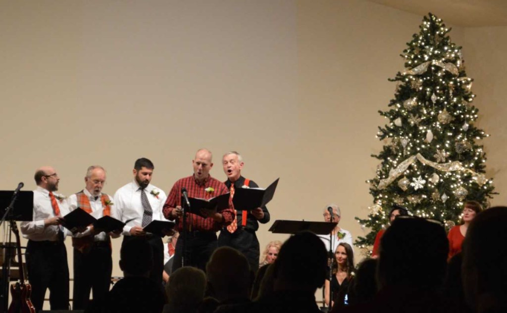 Several members of the Western Mountains Baptist Church's 2017 Community Christmas Choir sing "Go Tell it On the Mountain." From left are Dean Stanley, of Strong; Dale Gilmor, of Kingfield; Tom DuBois, of Salem Township; Temple Knowles, of New Portland; and John Vetne, of New Portland.