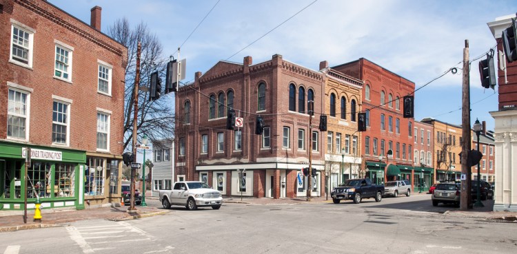 This April 28, 2017, photo shows 193 Water St. in Gardiner, at center. Gardiner is looking at switching streetlights to LED.