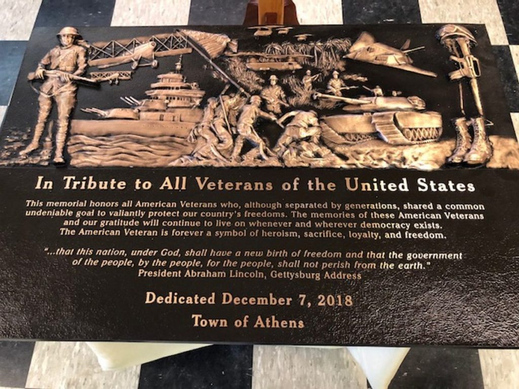 A plaque honoring military service veterans was unveiled recently at the Athens American Legion Post 192. It will be mounted at the Athens Fairgrounds in 2019.
