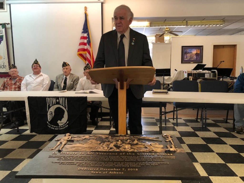 State Sen. Paul Davis, R-Sangerville, speaks about honoring military service veterans during a ceremony recently at the Athers American Legion Post 192.