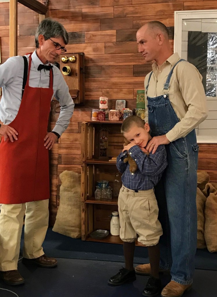 Shopkeeper, Mr. Willaby (John Trabucchi), left, with Joey (Elijah Phillips) and his father, Kyle (Chris Phillips) in a scene from "Sing Merry Christmas!" an original musical set during the Great Depression. The production will be presented 7 p.m. Sunday and Monday, Dec. 16-17, by New Hope Baptist Church at 268 Perham St., in Farmington. Admission is free. Snow date is Tuesday, Dec. 18.