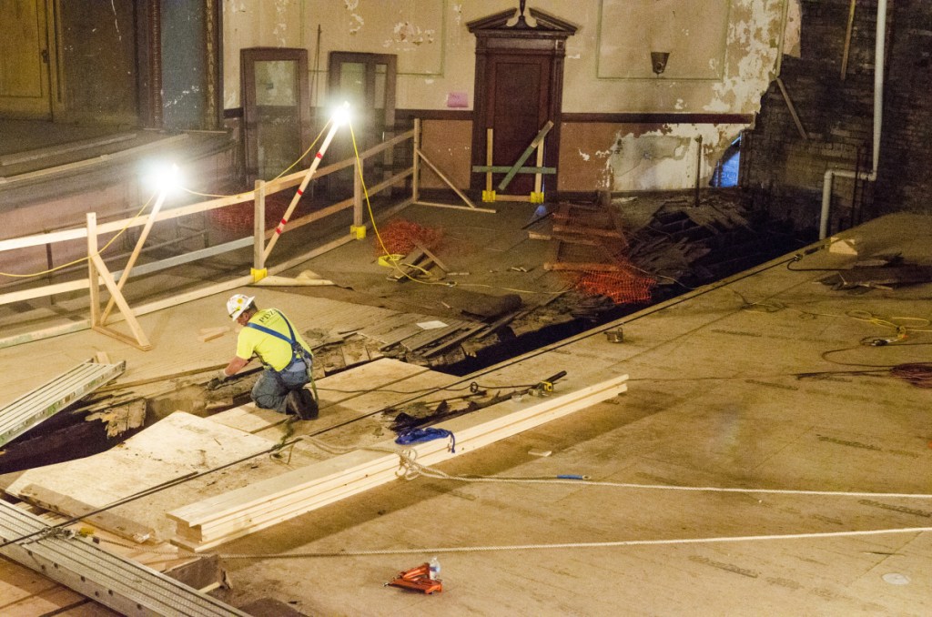 This photo, taken May 29, shows floor repairs underway at the Colonial Theater in Augusta.