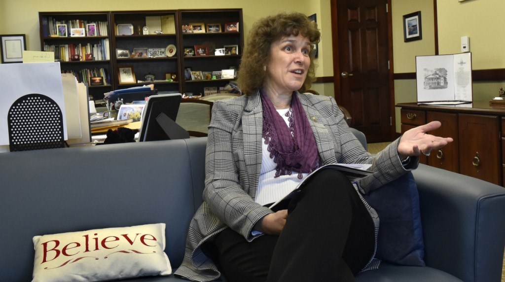 Thomas College President Laurie Lachance addresses growth at the Waterville college in her office recently. The college's enrollment has doubled in the last 25 years. It has added eight new buildings, and its endowment has grown from $373,325 in 1993-1994 to $13.2 million.