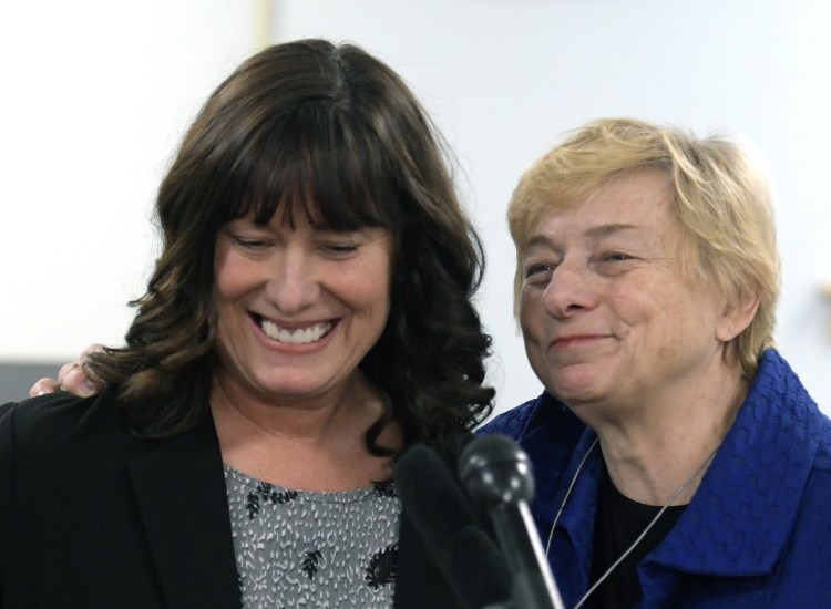 Pender Makin, of Scarborough, speaks Wednesday with Gov.-elect Janet Mills in Augusta. Makin, who currently serves as assistant superintendent Brunswick School Department, was nominated to serve as commissioner of the Department of Education.