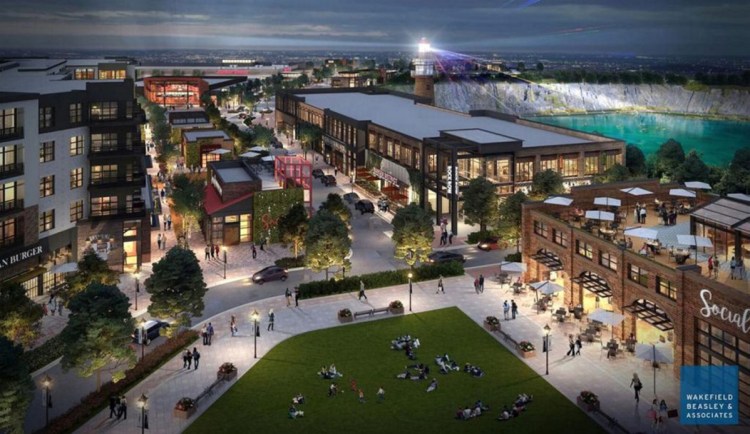 This rendering envisions Waterstone Properties Group's proposal for a mixed-use urban development called "Rock Row" on the former Pike Industries quarry site near Westbrook's border with Portland. A Market Basket grocery store is one of nine buildings planned for the first phase of the development.