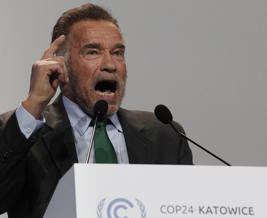 Actor and former California governor Arnold Schwarzenegger delivers a speech at the start of the U.N. climate conference in Poland.