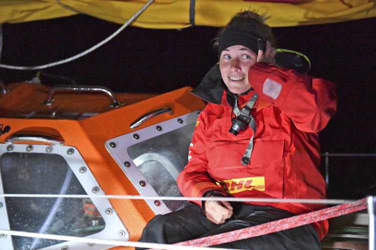 British yachtswoman Susie Goodall sailing her Rustler 36 yacht DHL STARLIGHT on arrival at Hobart, Australia, Oct. 30, 2018, arriving in 4th place in the 2018 Golden Globe Race.  British woman Goodall sailing solo in the Golden Globe Race round-the-world has lost her mast and was knocked unconscious in a vicious storm, and Thursday Dec. 6, 2018, rescuers are trying to reach her in the Southern Ocean, 2,000 miles west of Cape Horn near the southern tip of South America. (AP)