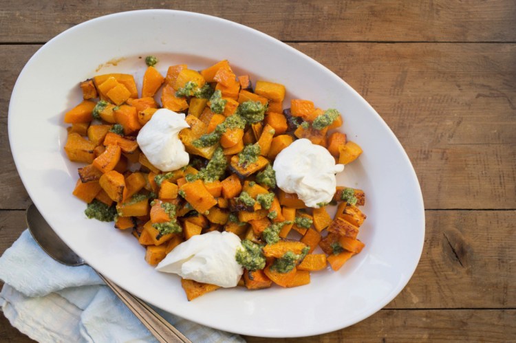 This recipe for Roasted Squash with Salsa Verde and Whipped Feta Ricotta makes eight servings.