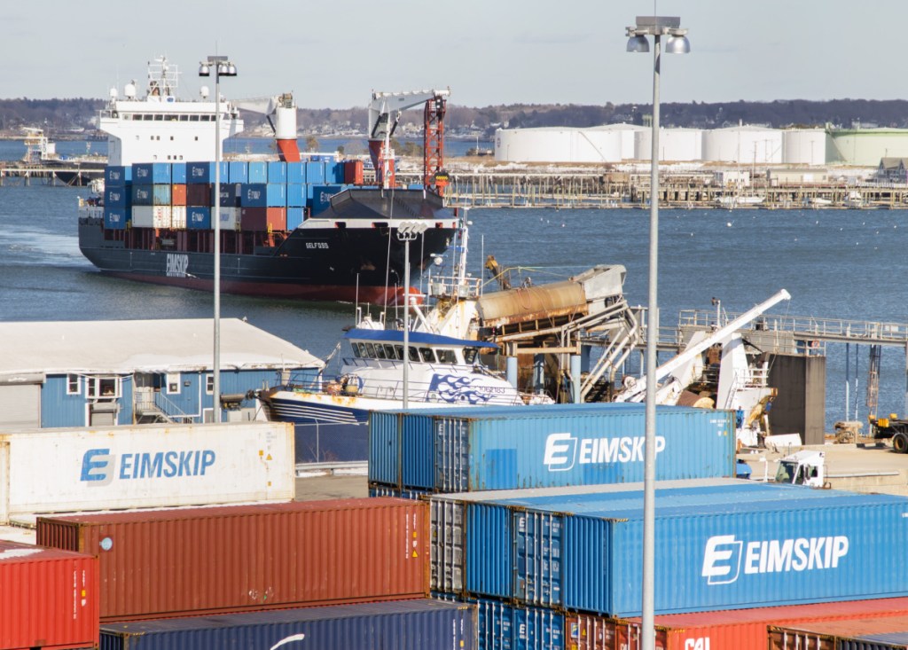 An Eimskip container ship arrives at the Maine Port Authority on Commercial Street in Portland last March. Volume on Eimskip's trans-Atlantic line has grown 40 percent during 2018, the Iceland company says.