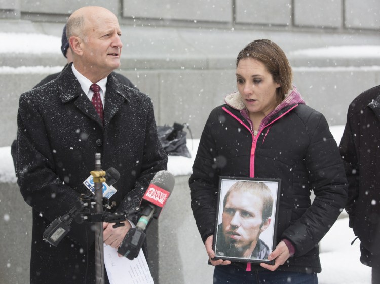 Trista Reynolds and her attorney, William Childs, hold a news conference Monday to announce a lawsuit that accuses Justin DiPietro of causing the death of Reynolds' daughter Ayla seven years ago.