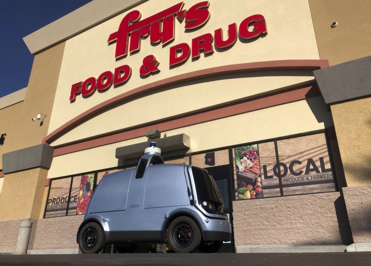 The Kroger chain plans to use driverless vehicles like this one, which is about half the width of a Toyota Corolla, to deliver groceries in Scottsdale, Ariz.