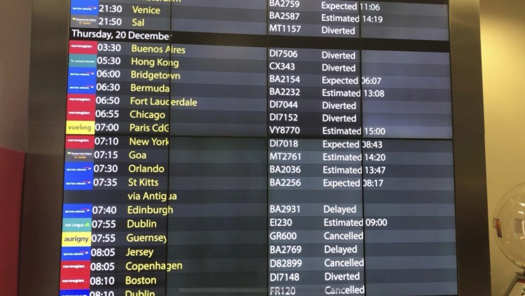 The arrivals board at Gatwick Airport showing cancelled, diverted and delayed flights as the airport remains closed with incoming flights delayed or diverted to other airports.