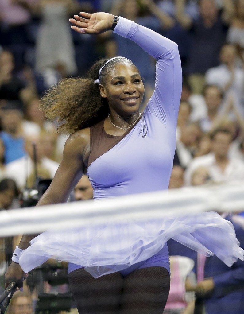 Serena Williams celebrates after a semifinal win over Anastasija Sevastova of Latvia on Sept. 6 at the U.S. Open.