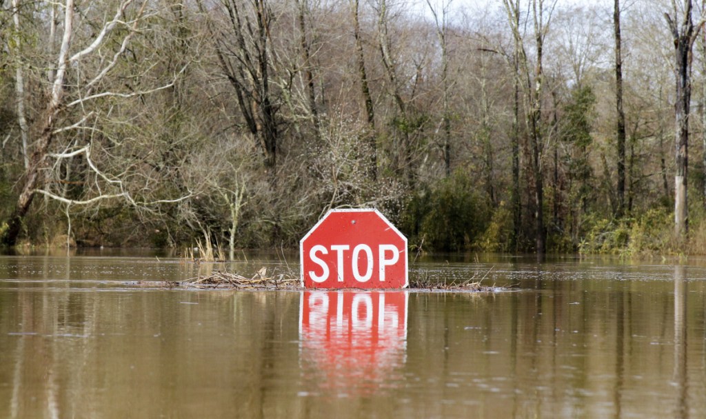 A stop sign is partially submerged in water from the flooded Okatibbee River in Meridian, Miss., on Friday. Flash flood watches and warnings were posted for much of the South from Louisiana to Virginia.
