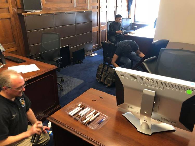 Workers preparing the lobby area for Maine Democrat Jared Golden’s congressional office in the Longworth House Office Building on Capitol Hill in Washington.