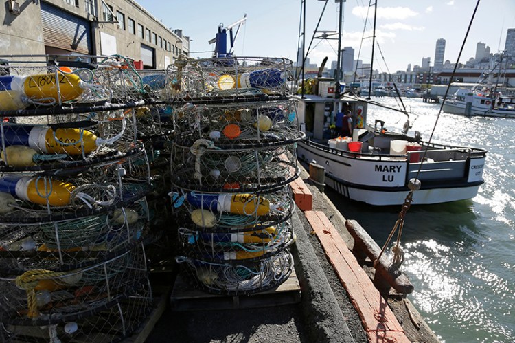 Crab pots and a boat at Fisherman's Wharf in San Francisco in 2016.