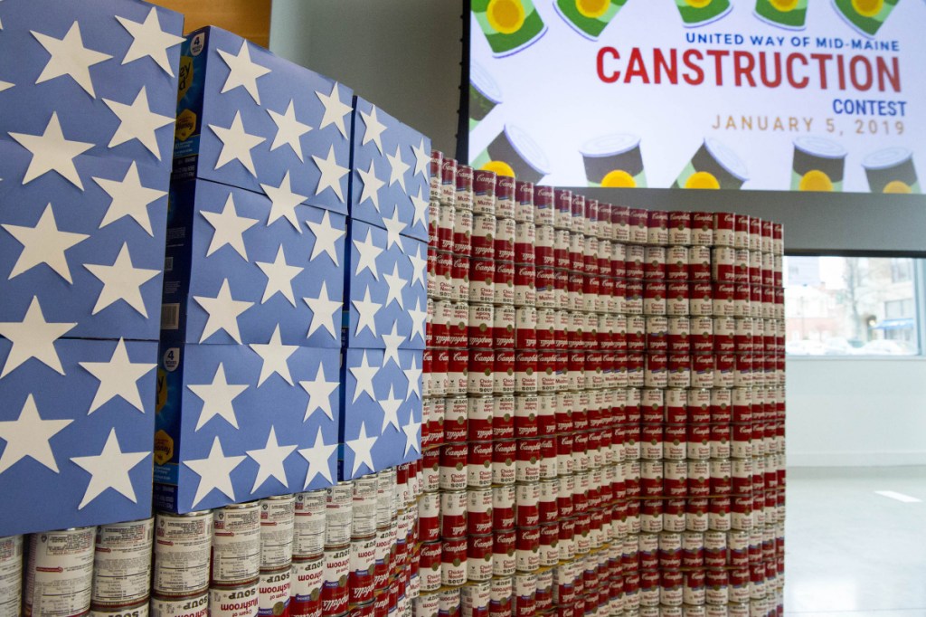 Kennebec Valley Federal Credit Union employees created this American flag out of recycled Campbell's Soup cans Saturday during the Canstruction competition at the Chace Community Forum in downtown Waterville.