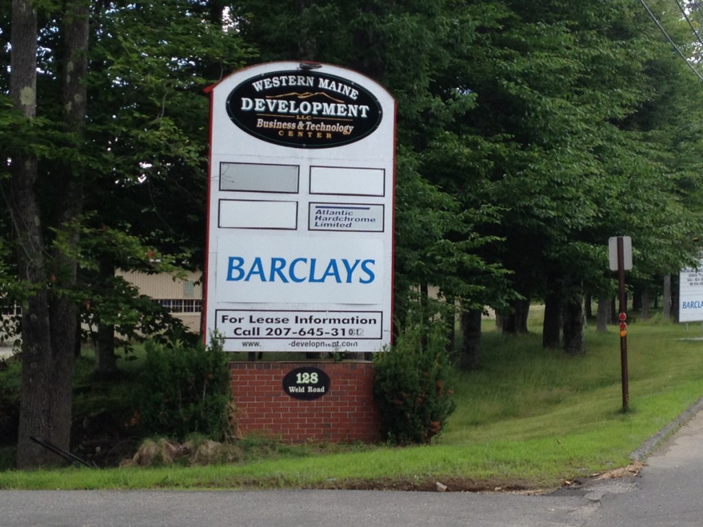 The Barclaycard call center sign is seen in Wilton in 2014. The call center plans to close by the end of March, laying off more than 200 people.