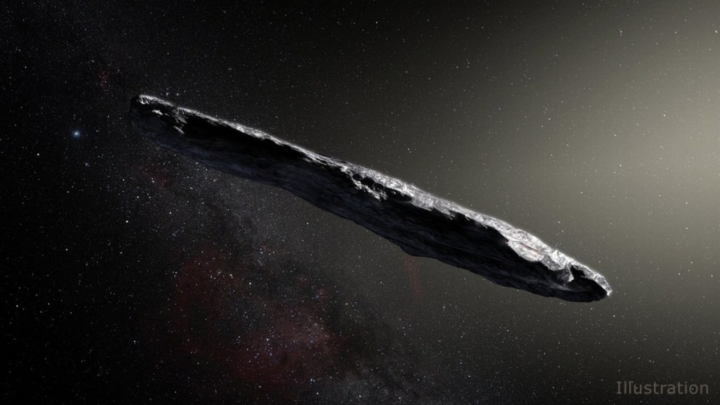 An artist's concept of interstellar object Oumuamua as it passed through the solar system after its discovery in October 2017.
