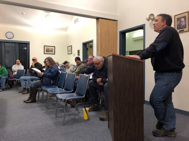 Monmouth Fire Chief Dan Roy addresses the Board of Selectmen on Wednesday about hosting an ice skating party at the town beach on Feb. 17. Roy jokingly asked the town if he could buy a Zamboni for the event.