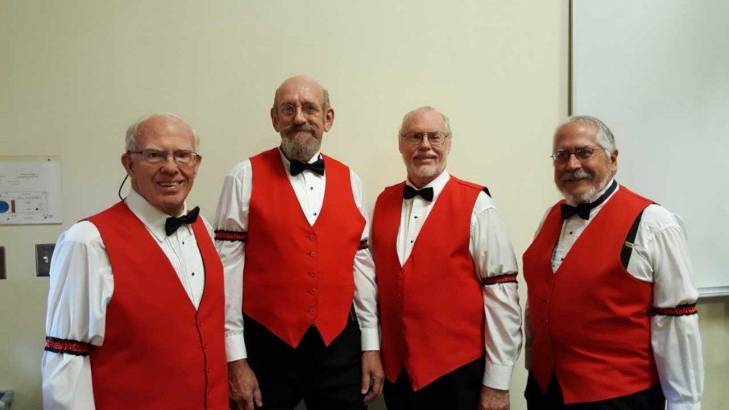 Members of a Singing Valentines barbershop quartet from left are Al Sargent (tenor), Bobby Norwood (lead), Ray Robitaille (bass), and Juan Lavalle-Rivera (baritone).