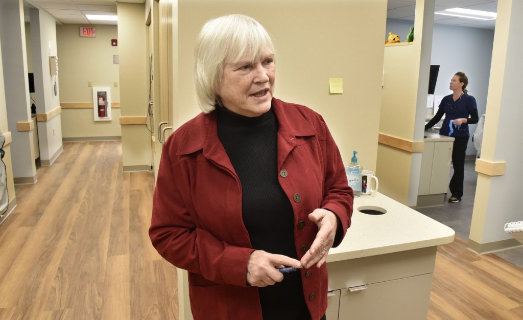 Dr. Barbara Covey, chairman of the board of the Waterville Community Dental Center, said on Wednesday that keeping the center alive in the new and larger facility located in FirstPark in Oakland was critical for the overall health of those who depend on it for their dental needs. At right is dental hygienist Erica Lachance.