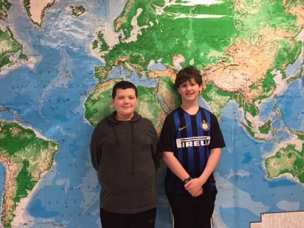 Waterville Junior High Schook Geography Bee champion Owen Libby, left, and runner-up Pete Butera.