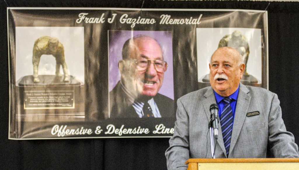 Peter DeSimon speaks during the Frank Gaziano Award ceremony Saturday at the Augusta Civic Center.
