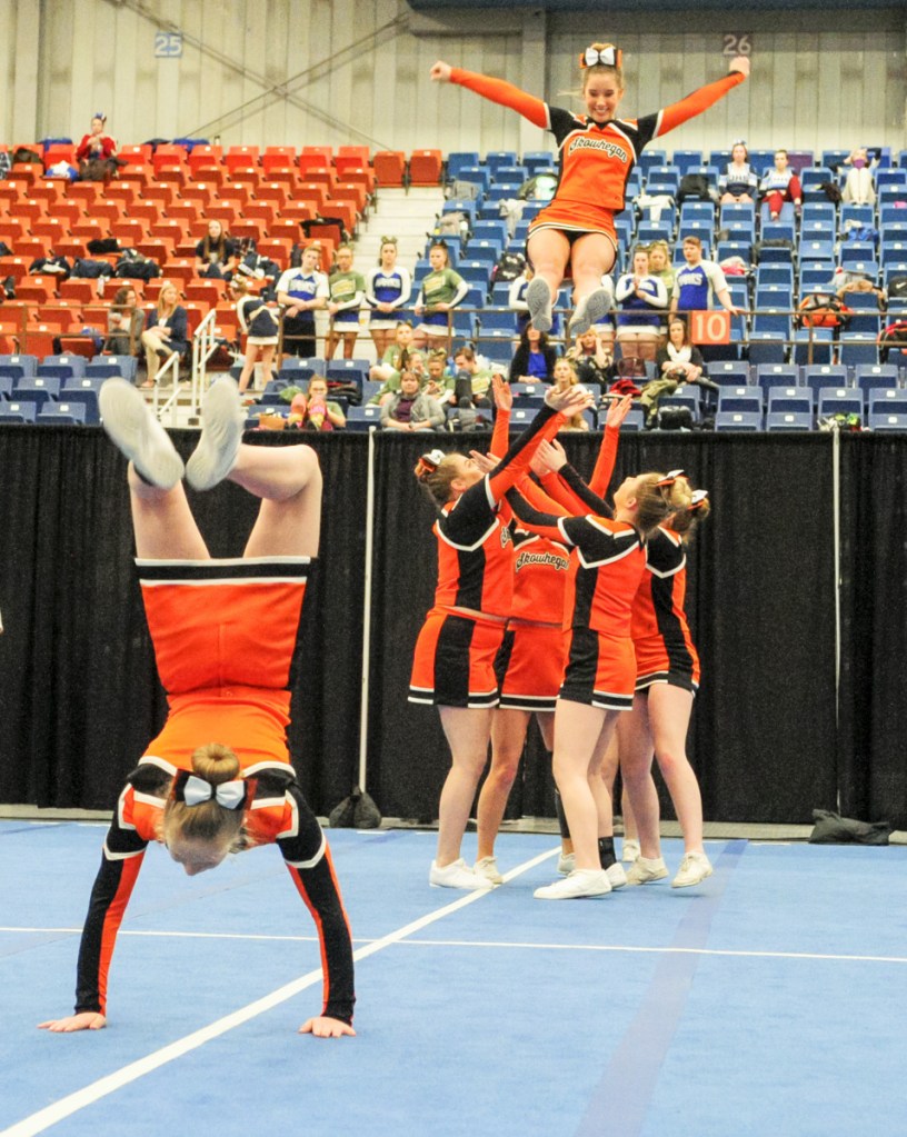 Kennebec Journal photo by Joe Phelan 
 Skowhegan competes during the Class A North regional cheering competition Saturday at the Augusta Civic Center.