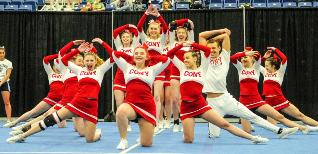 Kennebec Journal photo by Joe Phelan 
 The Cony Rams compete during the Class A North regional cheering competition Saturday at the Augusta Civic Center.