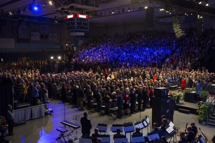 A fired-up crowd fills the Augusta Civic Center during the inauguration of Gov. Janet Mills oin January.