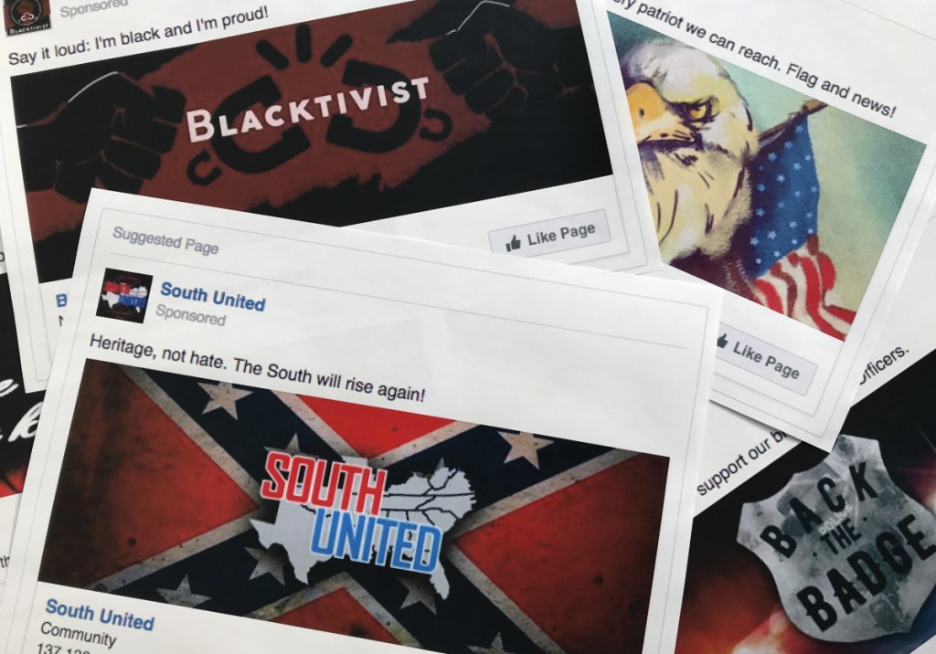 Printouts show some of the Facebook ads linked to a Russian effort to disrupt the American political process and stir up tensions in 2016. A study looked at which online users are the most likely to share fake information.