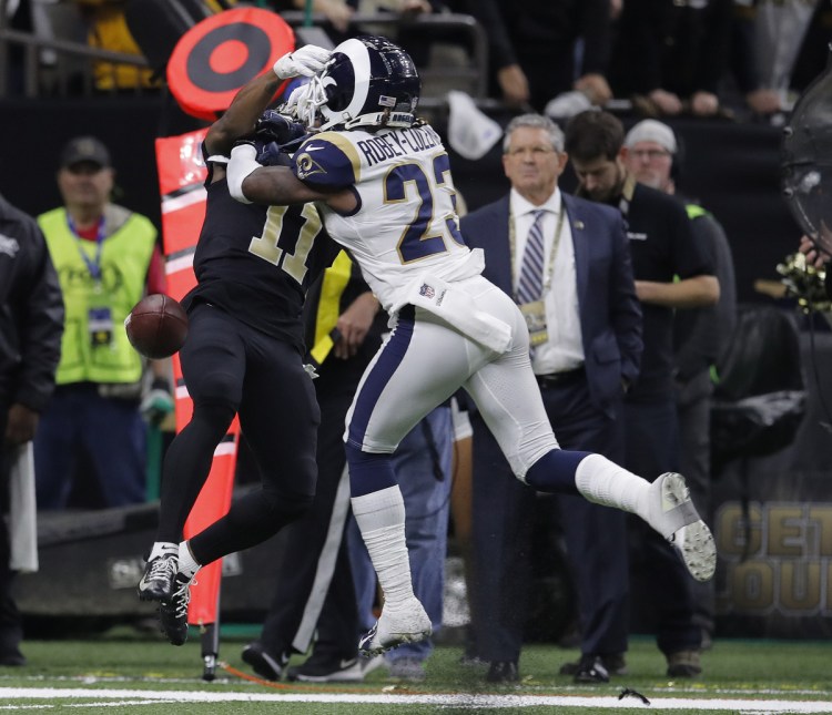 Los Angeles defensive back Nickell Robey-Coleman defends against New Orleans wide receiver Tommylee Lewis during the second half Sunday in New Orleans. The Rams won 26-23.