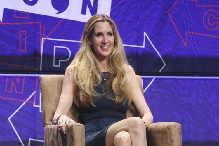 FILE - In this Oct. 20, 2018 file photo, Ann Coulter participates in the "AAA: Ask Ann Anything" panel at Politicon at the Los Angeles Convention Center in Los Angeles. President Donald Trump defended himself Saturday from a conservative backlash that he himself unleashed when he ended the 35-day-old partial government shutdown without money for his promised border wall.  Coulter, a big supporter of a barrier on the southern border, called Trump the "biggest wimp" ever to occupy the Oval Office. (Photo by Willy Sanjuan/Invision/AP, File)