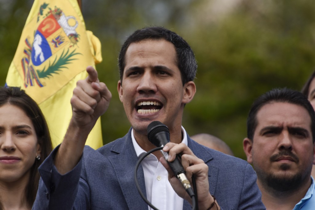 Venezuelan National Assembly President Juan Guaido speaks during a rally on Saturday