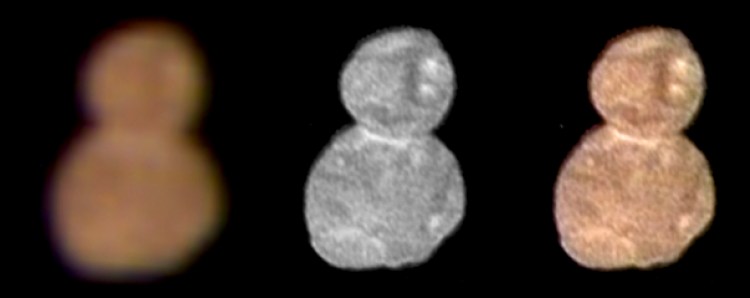 This image made available by NASA on Wednesday, Jan. 2, 2019 shows images with separate color and detail information, and a composited image of both, showing Ultima Thule, about 1 billion miles beyond Pluto. The New Horizons spacecraft encountered it on Tuesday, Jan. 1, 2019. 