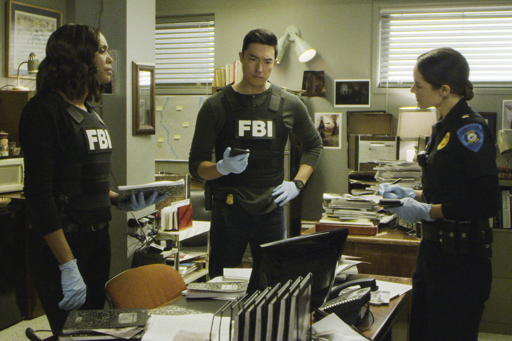 Aisha Tyler (playing Dr. Tara Lewis), Daniel Henney (Matt Simmons) and Hannah Barefoot (Detective Sarah Miley) in Criminal Minds' "Sick and Evil" episode airing next week and set in Lewiston. 