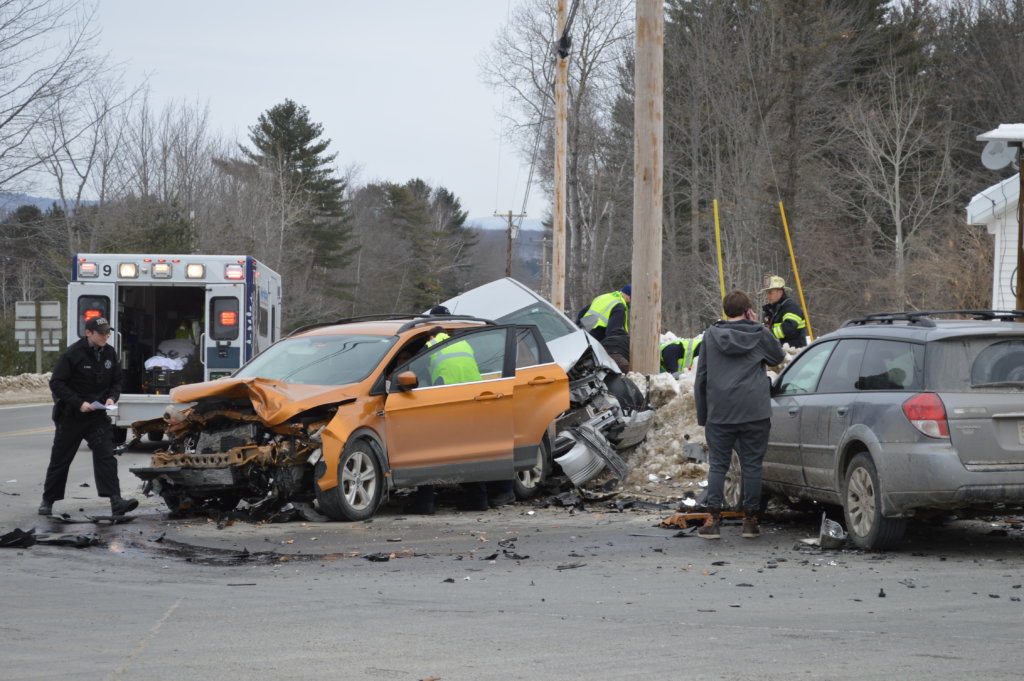 Two women were taken by ambulance to a hospital Friday morning when a car driven by Allison Callahan, 19, of Farmington collided with a SUV driven by Tammy Davis, 53, of Jay, and both vehicles collided with a car driven by Bentley Meyer, 20, of Concord, Massachusetts, at the intersection of routes 133 and 156 at Bean's Corner in Jay.