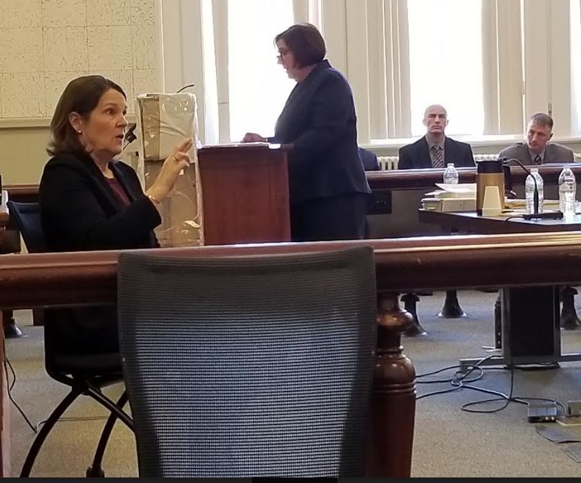 Maine Assistant Attorney General Leane Zainea, standing at podium, gives the state's closing argument in the murder trial of James Sweeney, formerly of Jay, on Monday at Franklin County Superior Court. American Sign Language interpreter, Jane Hecker-Cain, seated front, signs what she is saying to Sweeney who is not seen in the photo.