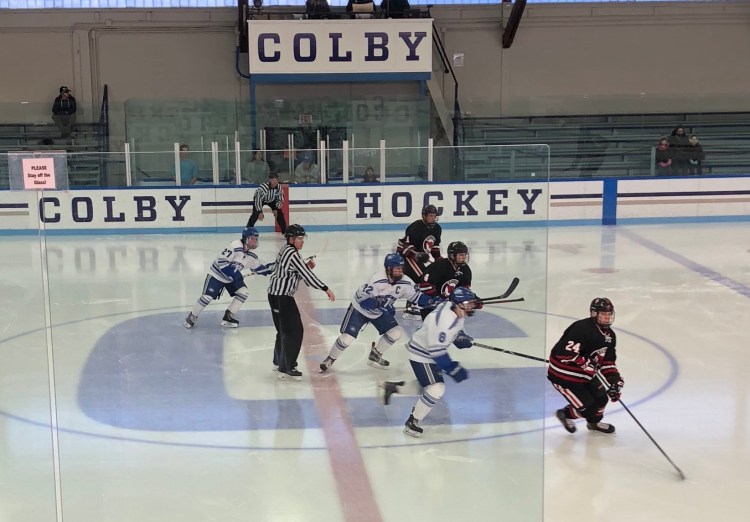 The Colby College and Wesleyan University hockey teams get Saturday's game started with the opening face-off in a conference game at Alfond Rink in Waterville.