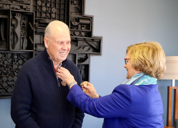 Richard LeBrun of Springvale served in Vietnam 55 years ago. On Tuesday, U.S. Rep. Chellie Pingree bestowed the two medals he'd earned for his service, during a ceremony in her Portland office.