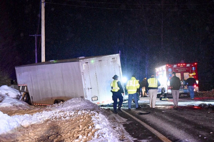 A collision between a Volkswagen Beetle and a pickup truck killed one person and shut down Route 117 in Buckfield on Wednesday night.