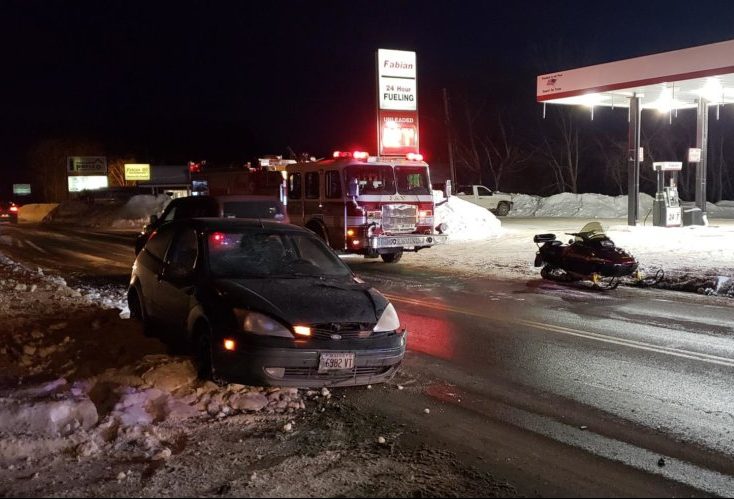 Mark Given, 33, of Jay was injured Tuesday evening when his Ski-Doo snowmobile collided on Route 4 with a 2004 Ford Focus driven by Juliann Desjardins, 21, also of Jay.