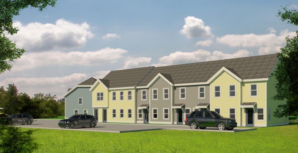 An artist's rendering shows a 29-unit apartment complex planned on a portion of the city-owned former Statler mill site in Augusta. Rendering courtesy of Augusta Housing